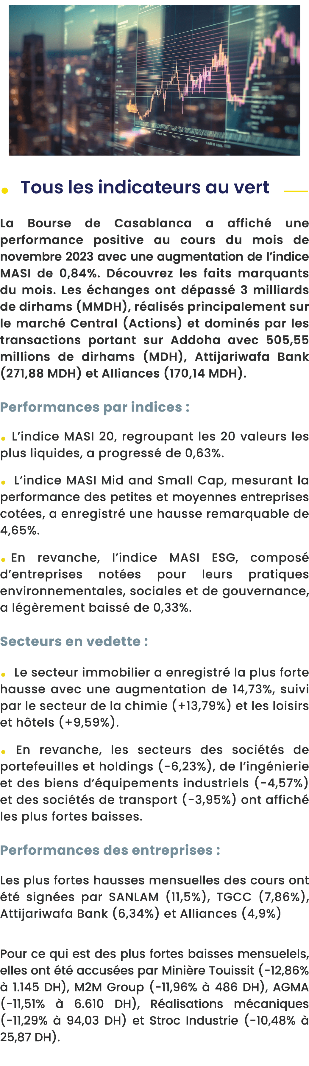  ￼ ￼ La Bourse de Casablanca a affich une performance positive au cours du mois de novembre 2023 avec une augmentati...